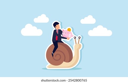 Un hombre de negocios cargando una hucha mientras monta un caracol, ilustración del lento progreso del movimiento de activos de inversión