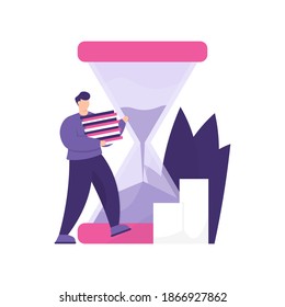 a businessman carrying a pile of task files next to the hourglass. Multitasking, productivity and time management concept. deadline concept. stack of paper. flat style. design element