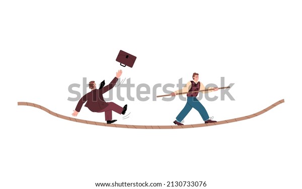 Businessman carrying pole\
to balance on rope, flat vector illustration isolated on white\
background. Male character in suit falls from tightrope as symbol\
of risk and\
challenge.