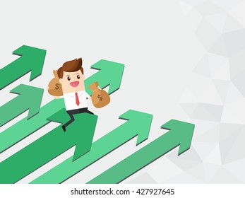 businessman carrying sack of money riding growth arrow graph. copy space