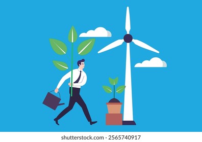 A businessman carrying a sapling, symbolizing sustainable and eco-friendly business practices.A wind turbine in the background represents renewable energy and commitment to environmental conservation