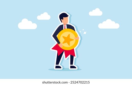 A businessman carrying a shining award medal, an illustration of recognition for achievements in the business field
