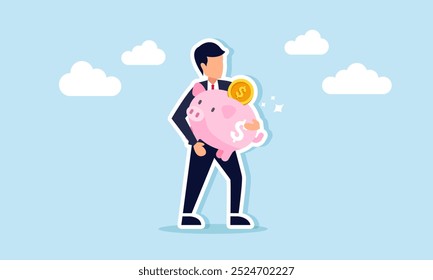 A businessman carrying a shining piggy bank, an illustration of the strong performance and increasing value of investment assets and capital gains.