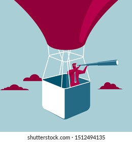 Businessman carrying spyglass in hot air balloon. Isolated on blue background.