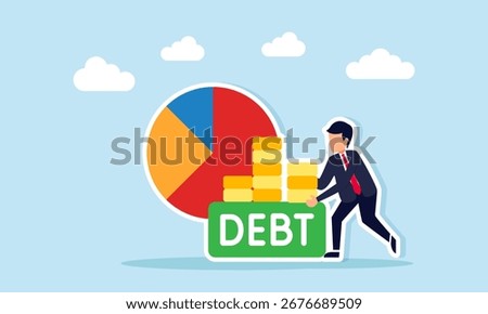 Businessman carrying a stack of coins to place on a box labeled debt beside a pie chart illustration of paying off company business debt