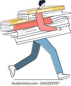 Un hombre de negocios que lleva una pila de papeles, papeleo de oficina, gestión de documentos, documentos comerciales, uno continúa la Ilustración vectorial de arte de línea