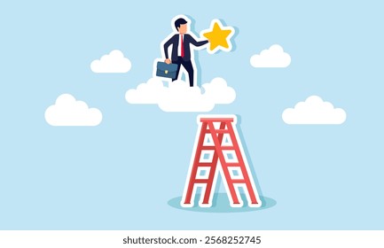 A businessman carrying a star climbs a cloud using a ladder, illustration of efforts in achieving good business ratings and quality