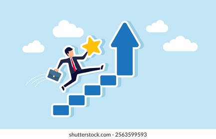 Businessman carrying a star running up ascending stairs, illustration of progress in improving business quality and performance