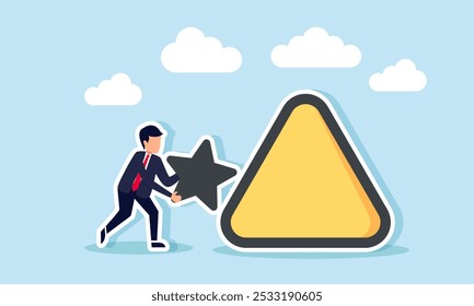 Un hombre de negocios con un cartel de estrella acercándose a un cartel de advertencia triangular, ilustración de precaución y atención a las calificaciones comerciales en riesgo de disminución de la calidad  