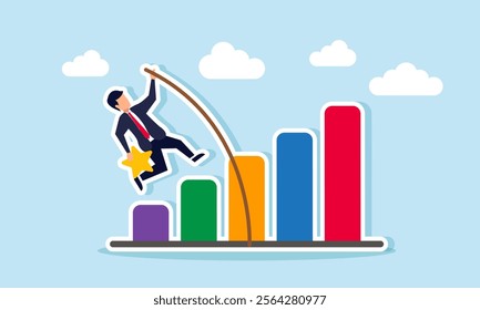 A businessman carrying a star, trying to pass through a chart using a long wooden stick, illustration of efforts to improve business quality