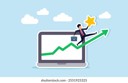 Empresário com uma estrela caminhando em um gráfico verde em ascensão saindo de um notebook, ilustração da análise de negócios para melhorar as classificações e a qualidade dos negócios