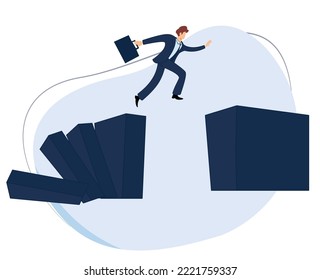 Businessman carrying suitcase running over domino hurdle. businessman running over the problem