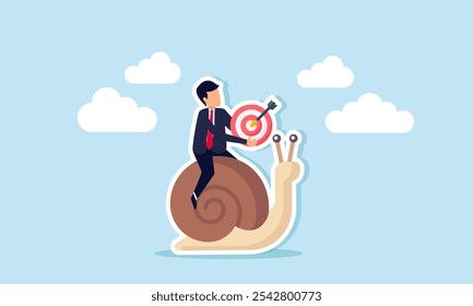 Un hombre de negocios que lleva un tablero de objetivos mientras monta un caracol, ilustración del lento progreso en el logro del rendimiento del objetivo comercial