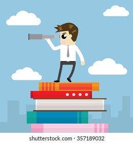 businessman carrying telescope on pile of books.
