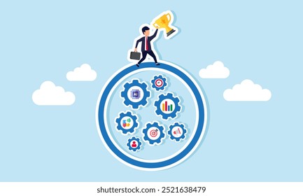 A businessman carrying a trophy climbing a management system circle, an illustration of a business company achievement in adopting AI or Artificial Intelligence.