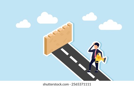 A businessman carrying a trophy looks confused by a wall blocking the path, illustration of thinking about ways to become a leading company