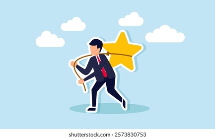 A businessman carrying a trophy on his back, tied with a star, illustration of responsibility in maintaining business quality