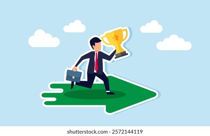 Businessman carrying a trophy running along an arrow, illustration of guidelines for making a company a leading business dominating market share