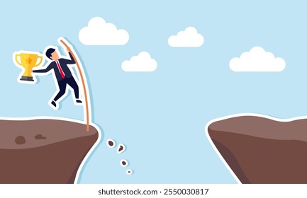 A businessman carrying a trophy tries to cross a gap using wood, illustration of challenges faced as the best business in its field and class