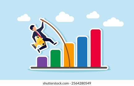 A businessman carrying a trophy, trying to pass through a chart using a long wooden stick, illustration of efforts to become a leading company