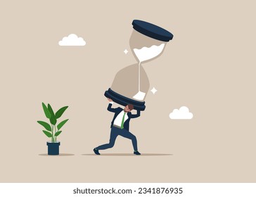 Businessman carrying and trying to stop sandglass before it fall. Project deadline, running out of time or time management. Flat vector illustration