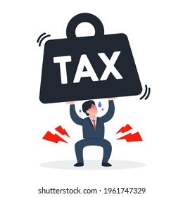 Businessman carrying a weight of tax. The creative concept idea of finance or tariff management. Simple trendy cute vector cartoon character illustration. Flat style graphic design icon element.