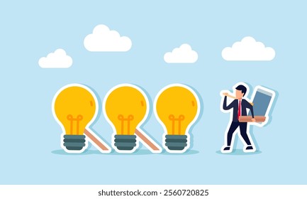 A businessman carrying wood and a big hammer intends to support a row of lights to prevent them from falling, illustration of maintaining and improving business ideas to stay relevant