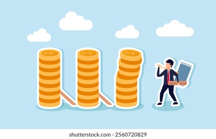 A businessman carrying wood and a big hammer intends to support a stack of coins to prevent them from falling, illustration of securing business financial assets