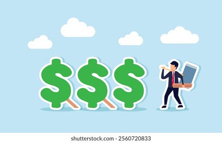 A businessman carrying wood and a big hammer aims to support a row of dollar signs to prevent them from falling, illustration of securing company financial assets