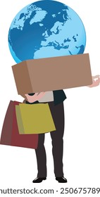 Businessman carrying world on shoulders with shopping bags