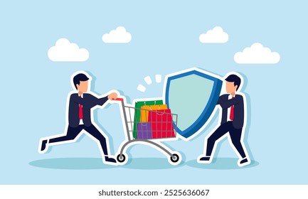 A businessman with a cart filled with shopping bags is blocked by another holding a shield, illustration of the rejection of budget expenses exceeding the management fee in a company