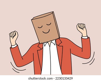 Businessman with carton bag on head showing happy face or emotion. Male employee or worker in craft package feeling unknown or anonymous. Vector illustration. 