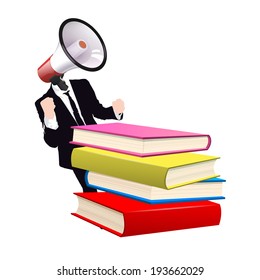 businessman cartoon with books tower