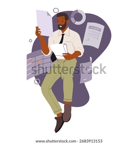 Businessman cartoon character analyzing virtual data base working with business information in graphs charts vector illustration. Entrepreneur using digital infographics developing business startup