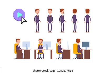 businessman. cartoon character animation kit. poses while standing and sitting