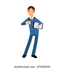 Businessman cartoon character in a blue suit standing and holding coffee cup and notepad vector Illustration