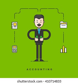 Businessman cartoon character. Business concept for accounting. Flat style vector illustration. Thin line icons