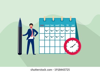 Businessman cartoon character checklist schedule on the calendar. Business planning vector concept