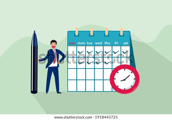 Businessman cartoon character\
checklist schedule on the calendar. Business planning vector\
concept