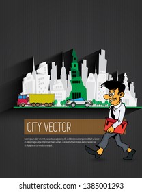 Businessman cartoon character with city background, vector