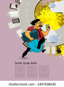 Businessman cartoon character with city background, vector