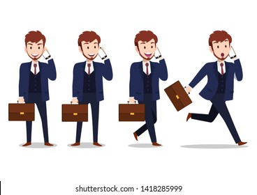 Businessman cartoon character, comunication by mobile phone with exciting emotion and set of four poses. Handsome business man in office style smart suit . Vector illustration