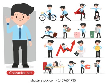 Businessman cartoon character design with different poses set