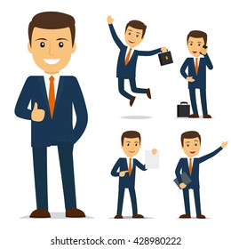 Businessman cartoon character in different poses. Vector illustration