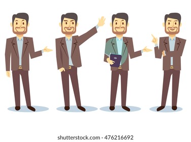 Businessman cartoon character in different poses for business presentation vector set. Successful man shows and tells illustration