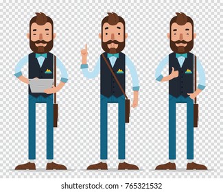 Businessman cartoon character in different poses. Man hold tablet , show to up and show OK. Business character. Vector. Flat. Illustration on transparent background.