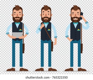 Businessman cartoon character in different poses. Fashionable young man stand, speak on smartphone, hold tablet, stand with leather shoulder bag. Vector, flat. Illustration on transparent background.