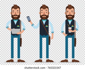 Businessman cartoon character in different positions.Man hold tablet and phone, stand with cap of coffee and smile. Vector, flat. Illustration on transparent background.