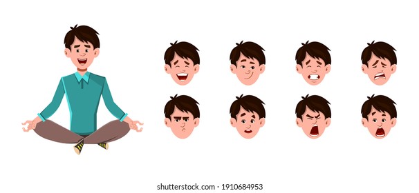 Businessman cartoon character doing yoga or relax meditation. Businessman character with different type of facial expression