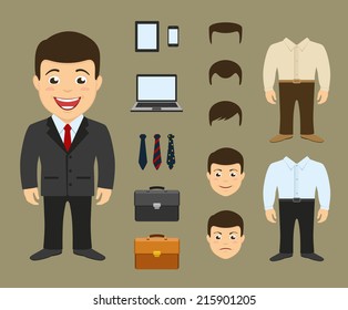 businessman cartoon character with elements, accessories and clothes icons. template for design